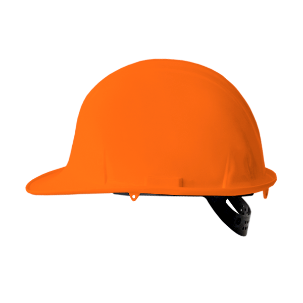 Un casco naranja con una parte superior redonda y lisa y un ala delantera, con una correa ajustable negra en la parte posterior, sobre un fondo blanco.