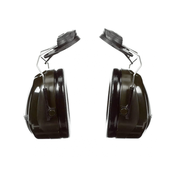 Dos orejeras protectoras auditivas supraaurales negras aisladas sobre un fondo blanco, mostradas mirando hacia adelante con sus diademas ajustables ligeramente levantadas por encima de cada copa.