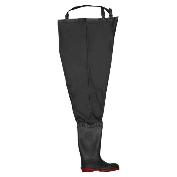 Un par de polainas impermeables negras que cubren una bota de goma negra con suela roja, expuesta sobre un fondo blanco. Las polainas se extienden desde la bota hasta justo debajo de la rodilla con correas ajustables en la parte superior.