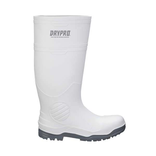 Una bota de goma blanca con la etiqueta "drypro" en la caña con puntera reforzada y suela resistente, diseñada para condiciones húmedas. La bota tiene un diseño elegante y limpio con detalles mínimos.