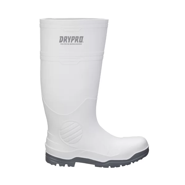 Una bota de goma blanca con la etiqueta "drypro" en la caña con puntera reforzada y suela resistente, diseñada para condiciones húmedas. La bota tiene un diseño elegante y limpio con detalles mínimos.