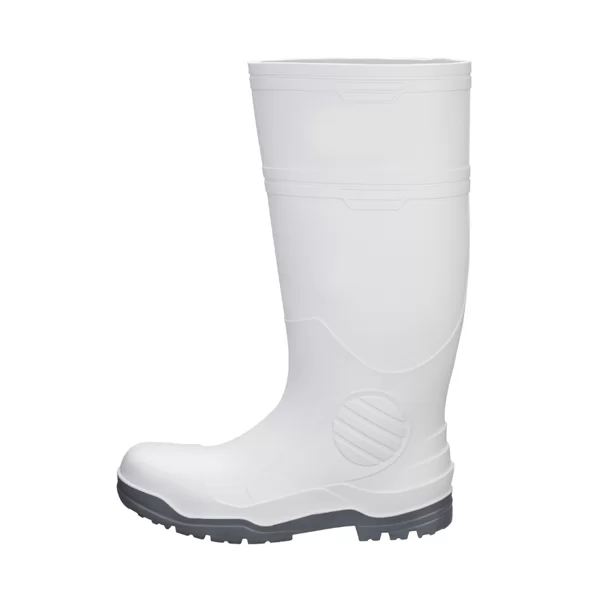 Una sola bota de goma blanca aislada sobre un fondo blanco. La bota presenta una suela con agarre, una puntera reforzada y diseños de textura sutiles en la caña y el pie.