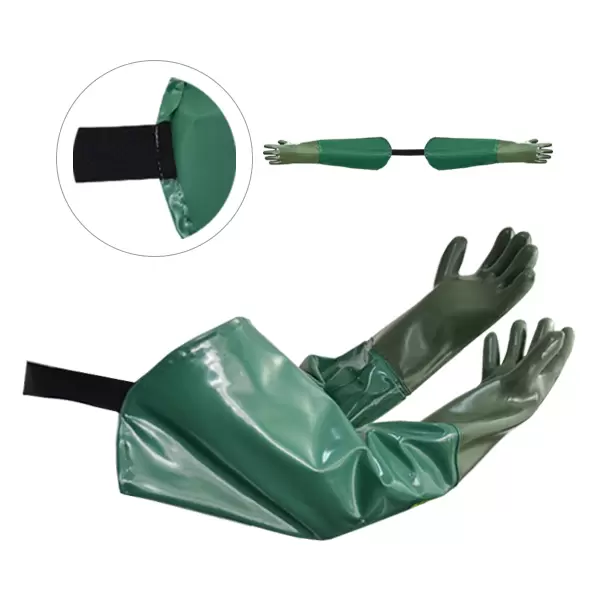 Esta imagen muestra un par de guantes de pesca verdes impermeables extendidos para cubrir el antebrazo, con bandas elásticas negras en las aberturas para un ajuste seguro, que se muestran junto a un detalle insertado de la banda.