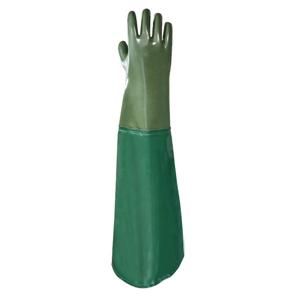 Un único guante de goma verde que se extiende hasta el codo y presenta una superficie lisa y brillante. El guante está diseñado para cubrir todo el brazo y está hecho de material impermeable, ideal para proteger contra productos químicos o agua.