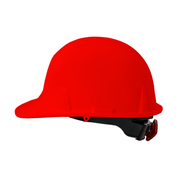 Un casco rojo brillante con un acabado brillante y una correa negra ajustable para la barbilla, visto desde un ángulo lateral sobre un fondo blanco liso.
