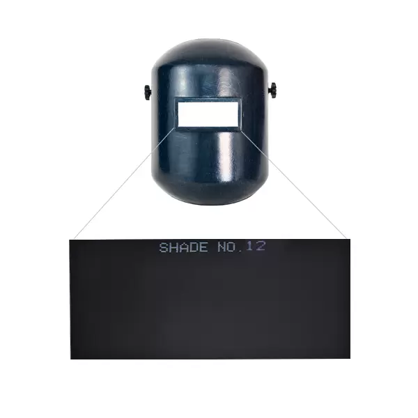 Un casco de soldadura con una ventana de visualización rectangular, suspendido sobre un panel negro con la etiqueta "sombra nº 12". el casco y el panel están representados sobre un fondo blanco.