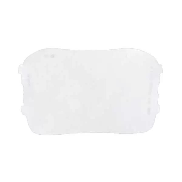 Una etiqueta rectangular en blanco con esquinas redondeadas y muescas en los lados más largos, aislada sobre un fondo blanco liso.