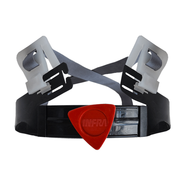 Un casco de realidad virtual negro con correas blancas ajustables y un logotipo triangular rojo marcado "infra" en el frente central sobre las lentes.