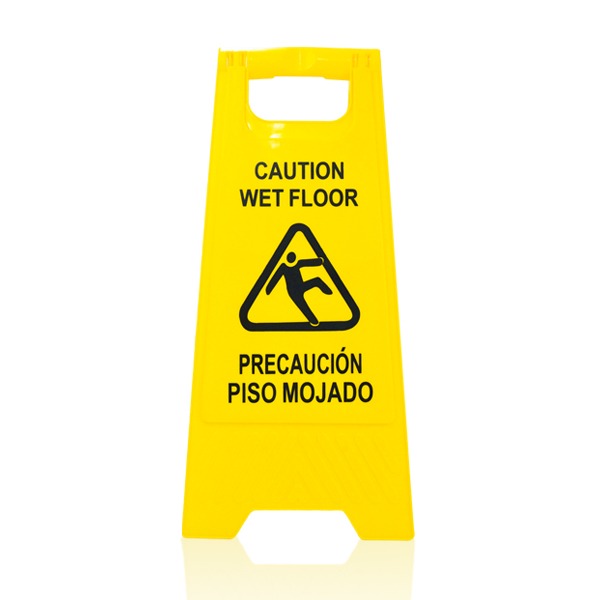 Un letrero de piso mojado de color amarillo brillante que muestra texto y gráficos en negro. En la parte superior se lee "precaución piso mojado" y en la parte inferior "precaución piso mojado", con un pictograma de una persona resbalando.