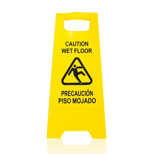 Un letrero de piso mojado de color amarillo brillante que muestra texto y gráficos en negro. En la parte superior se lee "precaución piso mojado" y en la parte inferior "precaución piso mojado", con un pictograma de una persona resbalando.
