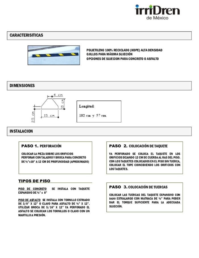 La imagen es un diagrama técnico de instalación de un sistema de drenaje, que muestra las dimensiones y varios pasos para colocar tuberías y revestimientos de concreto en la superficie de una carretera, con texto en español que explica los materiales y el proceso.