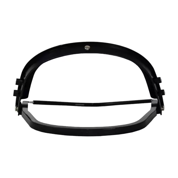 Una vista aérea de una banda de auriculares negra con forma de herradura con un único punto de pivote central y brazos laterales extensibles sobre un fondo blanco.